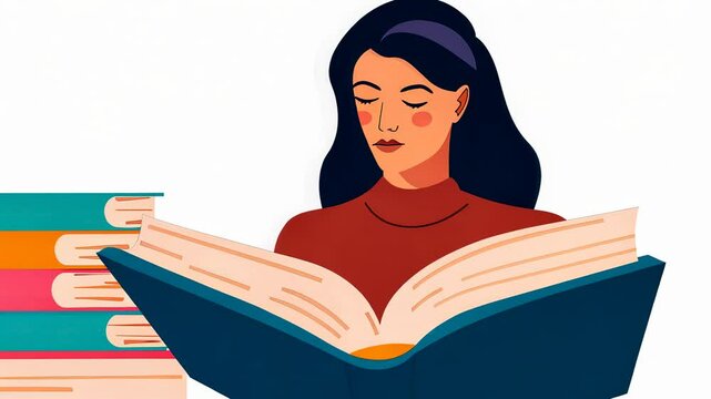 A woman deeply engaged in reading a book, surrounded by colorful stacks of books