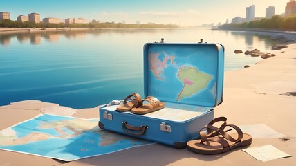 Obraz premium A brightly colored suitcase with travel stickers on a sandy beach, surrounded by seashells and beach toys