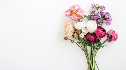 A minimalist photograph of a single bouquet of flowers against a clear white background, showcasing delicate floristic details. Generative AI