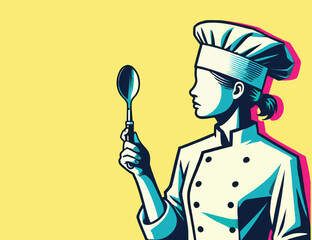 Female chef checking soup spoon for cleanliness before using. Vector illustration