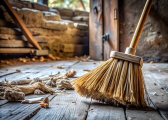 A worn wooden broom with frayed bristles sweeps across a worn stone floor, leaving behind a trail of dust and debris.