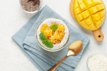Chia seed pudding from coconut milk with mango puree and cubes  in glass jar. Vegan  food. Clean eating concept. Top view