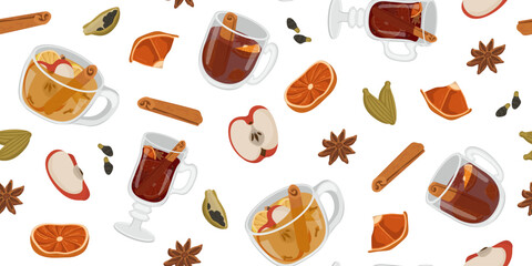 Vector seamless pattern with winter drinks. Image of mulled wine, warming tea and winter cocktail. Illustration for wallpaper and packaging for New Year and Christmas.