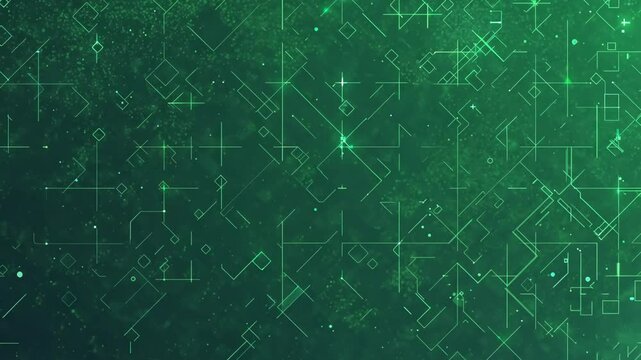 Abstract Hi-Tech Circuitry Pattern Overlay Motion Picture. Cyberpunk Green Technological Background Clip With Geometric Shapes And Glowing Details. Futuristic Network System Animation.