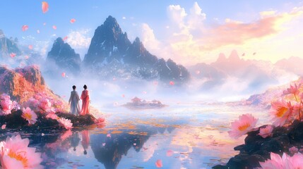 A serene landscape featuring mountains, a reflective lake, and blooming flowers at sunset, evoking tranquility and beauty.