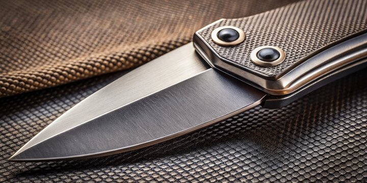 Close-up of a pocket knife's blade, with tang, pivot pin, scales, and liner, highlighting metal and ergonomic design features"