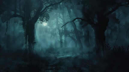 horizontal image of a dark scary forest under a moonlight, trees silhouettes and fog