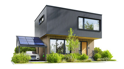 Modern house with solar charging station and electric car on a transparent background