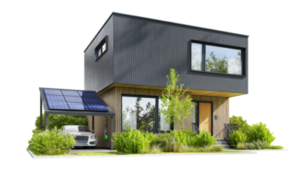 Modern house with solar charging station and electric car on a transparent background