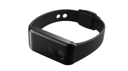 Black Smartwatch with Dual Cameras on a Digital Background