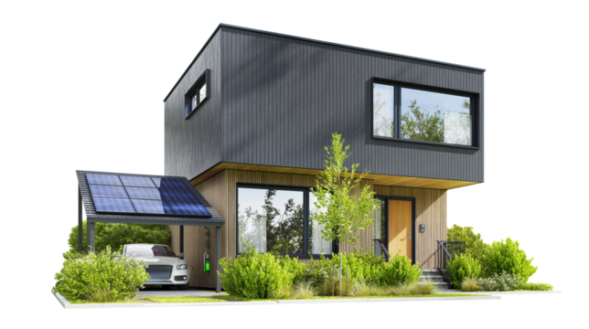 Modern house with solar charging station and electric car on a transparent background