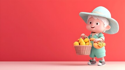 Naklejka premium Cute Cartoon Boy with Fruits and Red Background