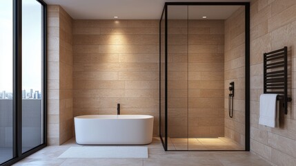 Fototapeta premium Sparkling Elegance: Opulent Luxury Bathroom Glass Shower with Water Reflections, with Ray Tracing Detailing
