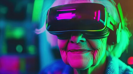 A senior woman wearing VR headset, smiling, enjoying immersive experience.