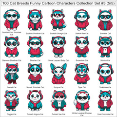 Cat Breeds Funny Cartoon Characters Collection Set of 100 Cat Faces Isolated Part 5