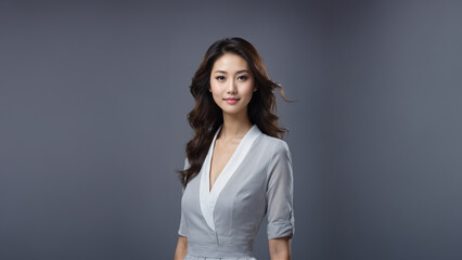 A beautiful brunette Japanese businesswoman with neat hair and healthy skin smiles at the camera. She has natural makeup and is posing in a studio