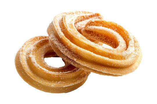 Sugar-coated fried dough pastries or Churo Swirl stacked together isolated on a white transparent background. Concept of sweet and delicious snack food