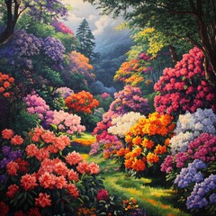 Vibrant Floral Garden Painting  Blooming Flowers  Spring Landscape  Colorful Nature
