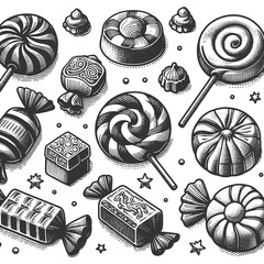 various classic candies sketch engraving generative ai fictional character raster illustration. Scratch board imitation. Black and white image.