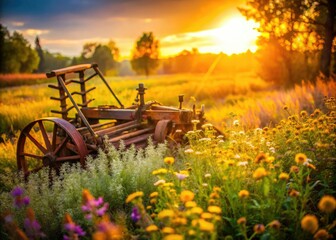 Fototapeta premium rustic abandoned farm equipment consumed by vibrant wildflowers under warm golden sunlight with shallow depth of field and intentional lens blur