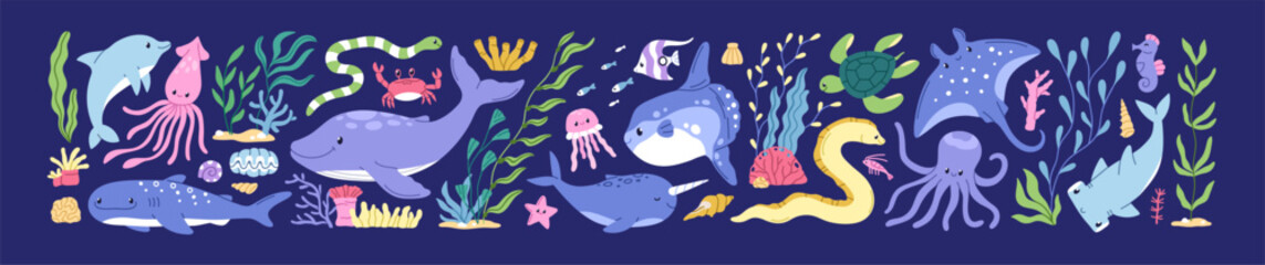 Cute sea animals and marine plants set. Ocean fishes, algae, underwater flora and fauna bundle. Undersea water mammals, dolphin, stingray, jellyfish. Isolated childish flat vector illustrations © Good Studio