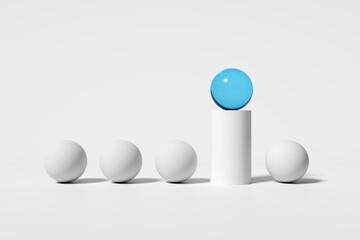 Blue sphere standing out from the crowd on white podium