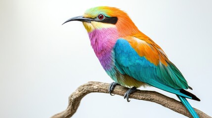 Fototapeta premium Colorful Bird Perched on a Branch with Bright Feathers and Red Eyes