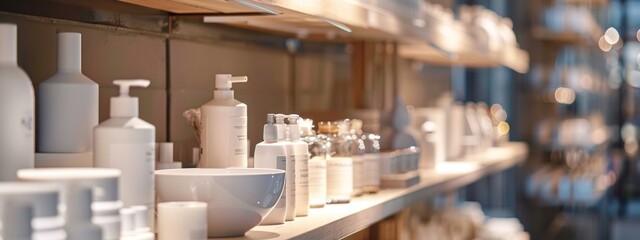 Minimalist beauty product display on wooden shelves