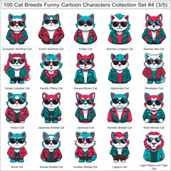 Cat Breeds Funny Cartoon Characters Collection Set of 100 Cat Faces Isolated Part 3