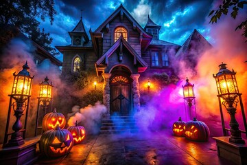 Spooky fog surrounds eerie illuminated entrance to haunted house, beckoning thrill-seekers into terrifying mazes, setting the tone for a frightful Halloween horror night adventure.
