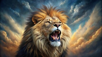 A fierce lion roaring with its mouth wide open in a captivating painting