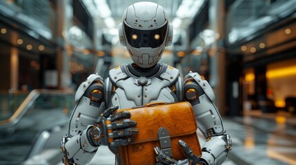 Fototapeta premium In a sleek, contemporary lobby, a humanoid robot with intricate features stands poised, clutching a leather briefcase, ready for business