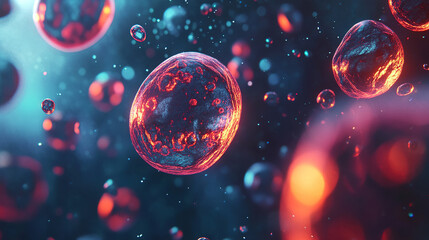 Naklejka premium A digital rendering of human cells under a microscope, showcasing intricate cellular structures and interactions that symbolize advancements in biomedical research, cellular biology, and medical scien