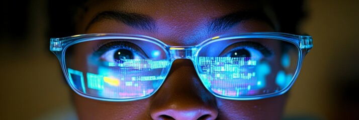 Close-Up of Woman Wearing Glasses with Futuristic Holographic Data Display, Technology Concept