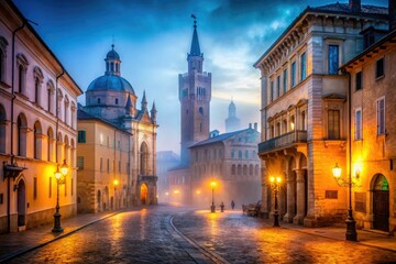 Naklejka premium Spooky illuminated cityscape of Parma at dusk on Halloween, with ornate buildings, deserted streets, and fogged-up windows, casting an eerie autumnal ambiance.