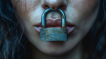 A woman stands with a rusty padlock secured to her lips, conveying themes of silence and restriction, illuminated by soft, moody lighting