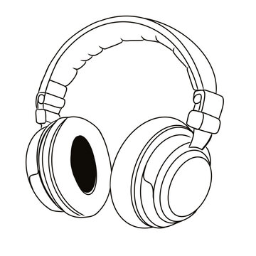 recommend clip art: Hand drawn headphones vector illustration isolated on background For t shirt, emblem, logo, badge design. Equipment for listening and recording sound and podcast. Monochrome drawing in sketch style