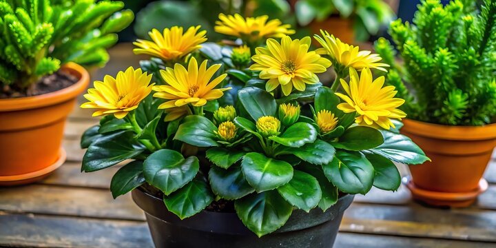 A lush Cuna de Moises plant thrives in a sleek black pot, its vibrant green leaves and bright yellow flowers a striking contrast against the dark backdrop.