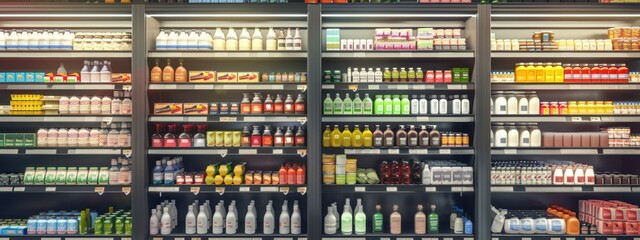 Juices and beverages displayed on supermarket shelves