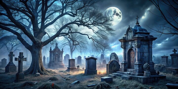 Spooky moonlit cemetery scene featuring crumbling stone mausoleums, twisted tree branches, and fog-shrouded gravestones, set against a dark and ominous autumnal background.
