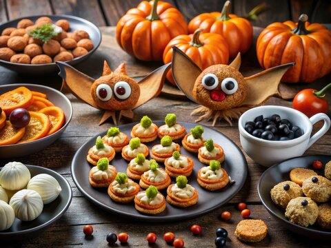 Spooky-themed snacks and treats, including bat wings, monster eyes, and pumpkin-shaped bites, arranged on a table for a festive and eerie Halloween gathering.