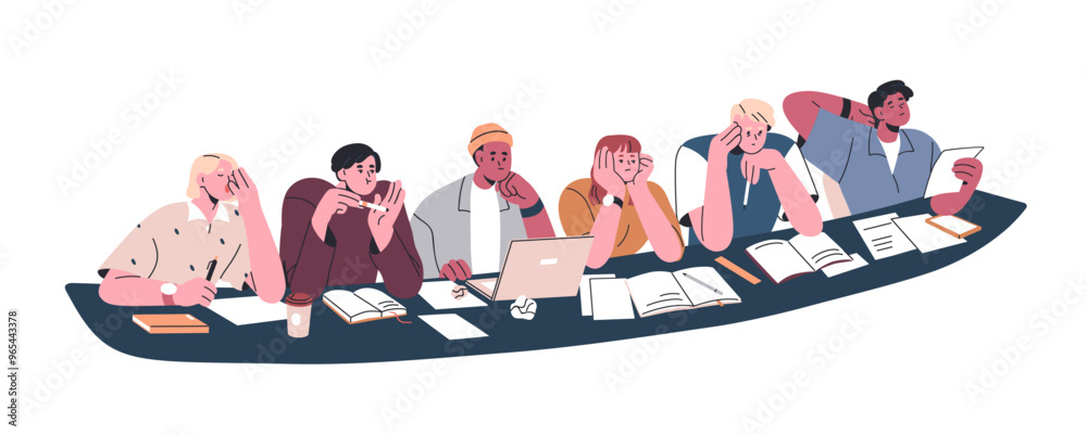 Poster bored tired lazy students sitting at table, yawning. drowsy sleepy unmotivated group in boredom, you