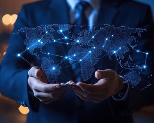 A business professional presenting a glowing digital world map, symbolizing global connectivity and innovation in technology.