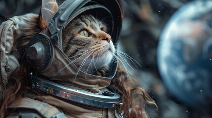 A cat in an astronaut suit looks up at Earth, surrounded by stars and cosmic wonders, evoking a sense of adventure and curiosity about space