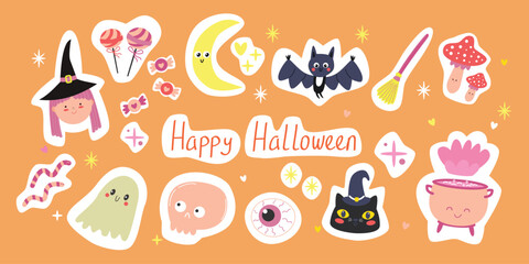 Hello Halloween cute elements set for stickers. Pumpkins, scary black cat, skull, witch, ghost. Vector illustration in flat style