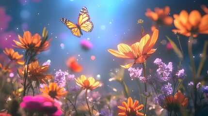 コスモスの花畑と蝶