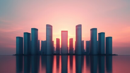 Obraz premium Glowing Futuristic Metropolis: Twilight Skyline of Glass Buildings with Ray Tracing -