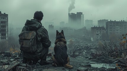 A person sits with their dog on a crumbled hillside, gazing over a devastated urban landscape shrouded in fog and smoke from distant fires