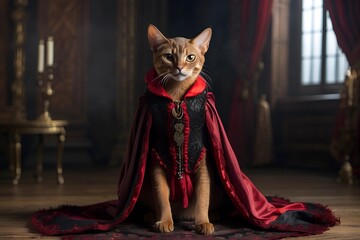Abyssinian cat dressed as Count Dracula vampire ,AI generated ,AI generated