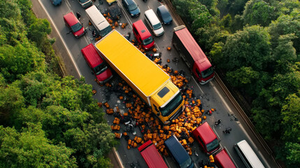 A truck overturns on busy highway, spilling its cargo and causing traffic jam. scene is chaotic, with vehicles surrounded by scattered items, highlighting disruption